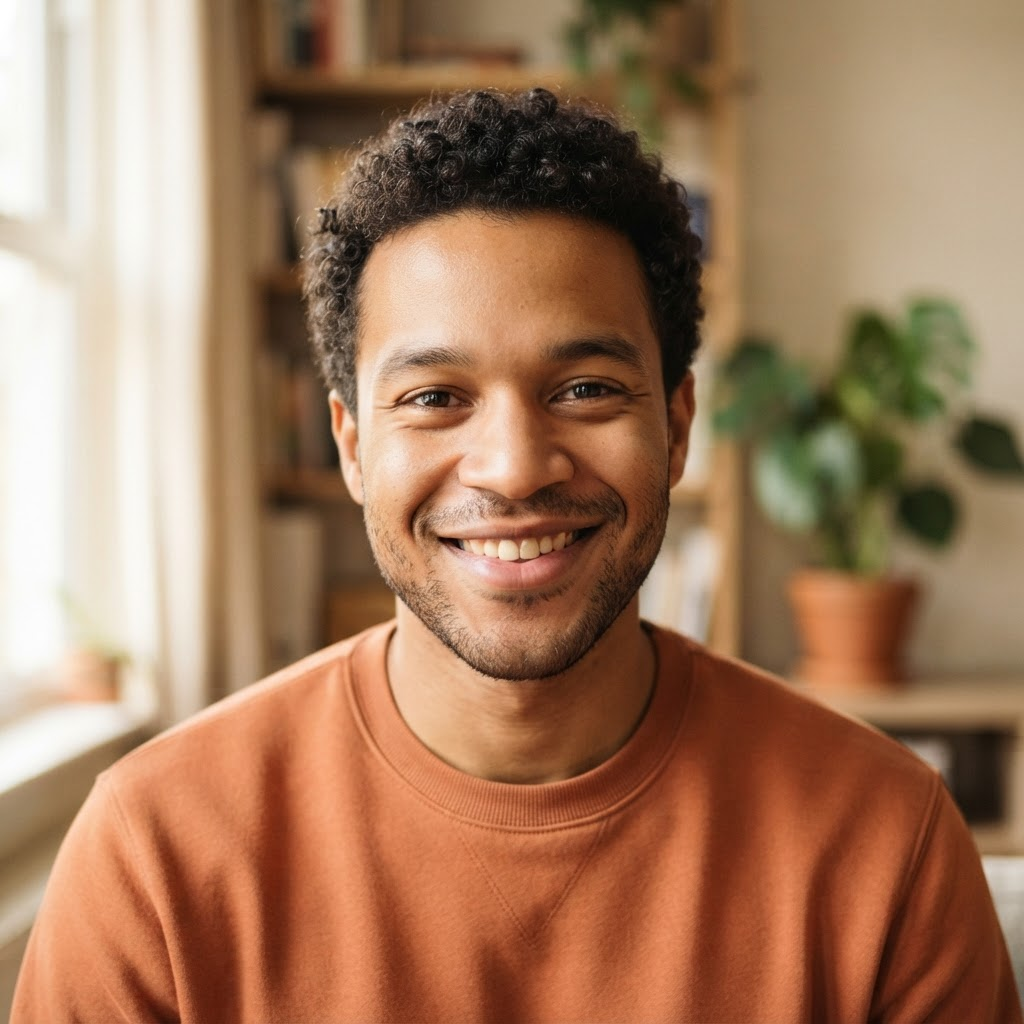 Smiling young man with curly hair in an orange sweatshirt